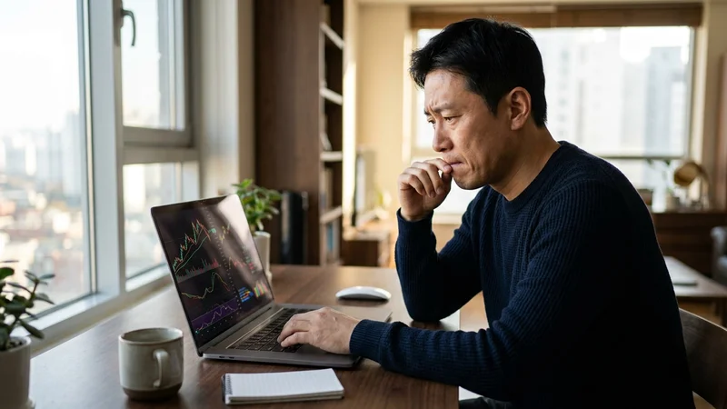 상장폐지 위기에 처한 주식 차트를 보며 고민하는 한국인 투자자 이미지