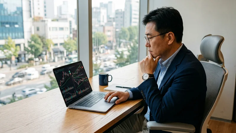 노트북으로 반도체 주식 그래프와 레버리지 ETF 수익률 차트를 분석하는 투자자