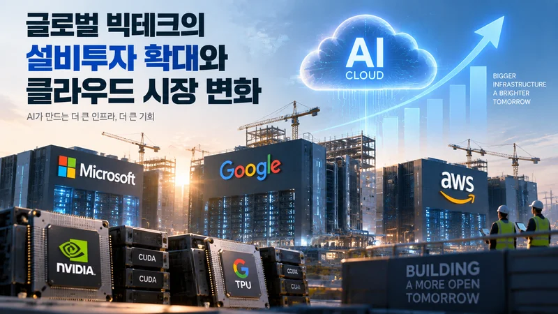 글로벌 빅테크의 클라우드 설비투자 확대와 AI 데이터센터 구축 현장을 표현한 이미지