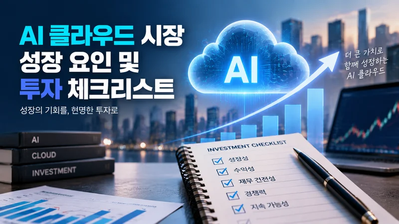 AI 클라우드 시장 성장 요인과 투자 체크리스트를 상징하는 클라우드 아이콘, 성장 그래프, 투자 노트가 담긴 이미지