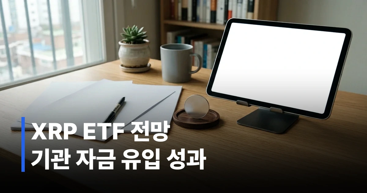 태블릿 화면의 암호화폐 투자 지표와 리플 코인이 데스크 위에 놓여 있는 썸네일 이미지