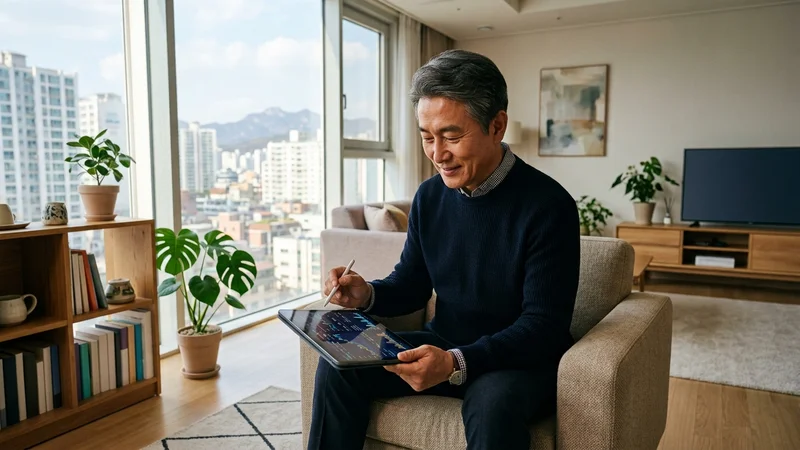 거실에서 태블릿으로 퇴직연금 포트폴리오를 확인하는 한국인 50대 남성