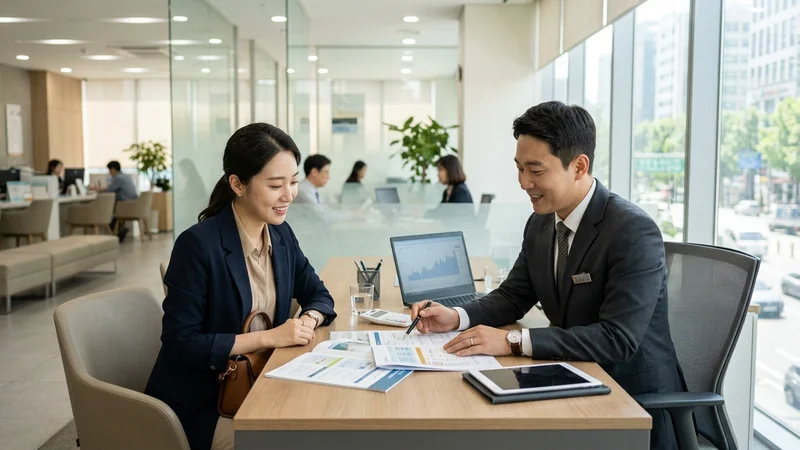 우체국 창구에서 상담을 받고 있는 고객과 행원 이미지