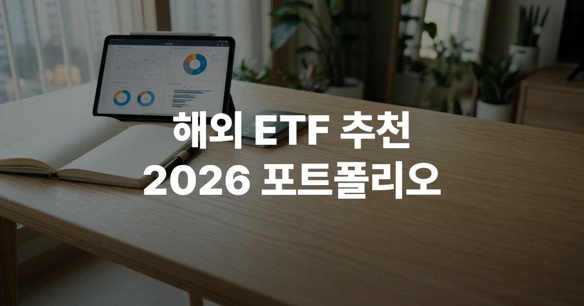 해외 ETF 투자를 분석하기 위해 태블릿 화면의 주가 차트와 여권, 노트를 올려둔 책상 풍경