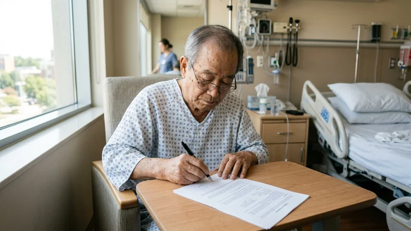 병실에서 한국인 노인이 서류에 서명하는 모습