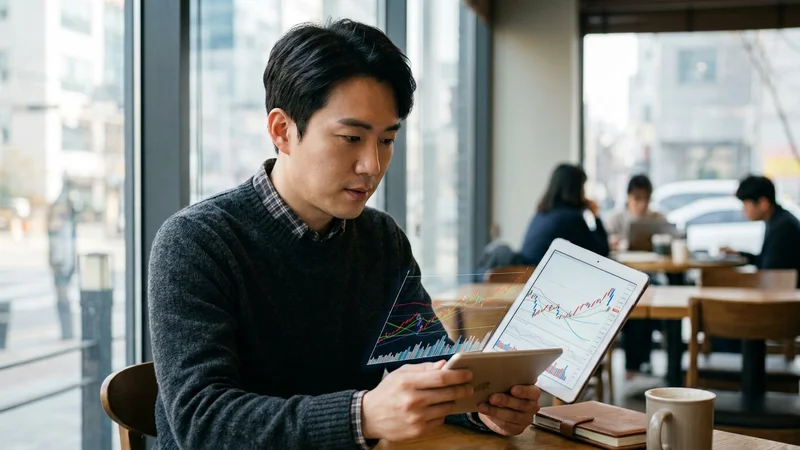 태블릿 화면으로 금융 차트를 분석하고 있는 한국인 남성
