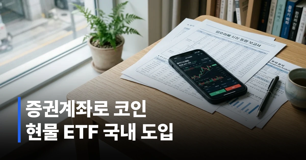 비트코인 시세 차트가 표시된 스마트폰과 금융 문서가 책상에 놓여 있는 모습
