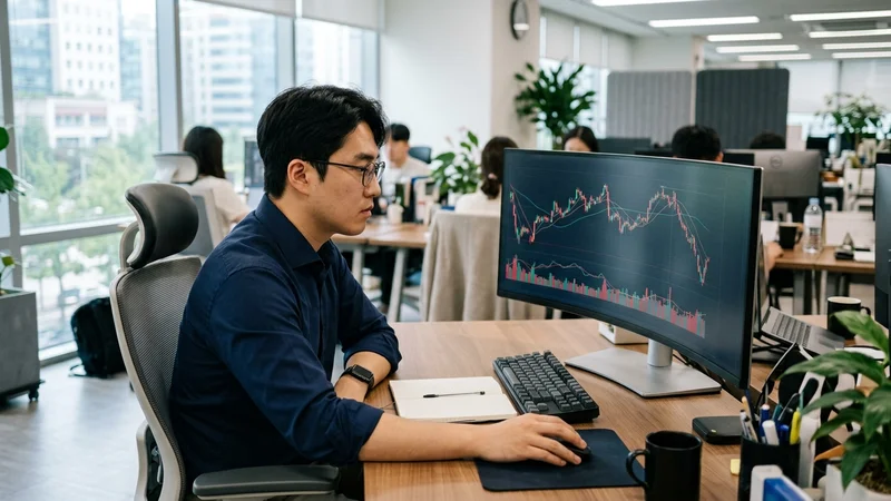 주식 차트를 모니터로 분석 중인 한국인 직장인의 모습