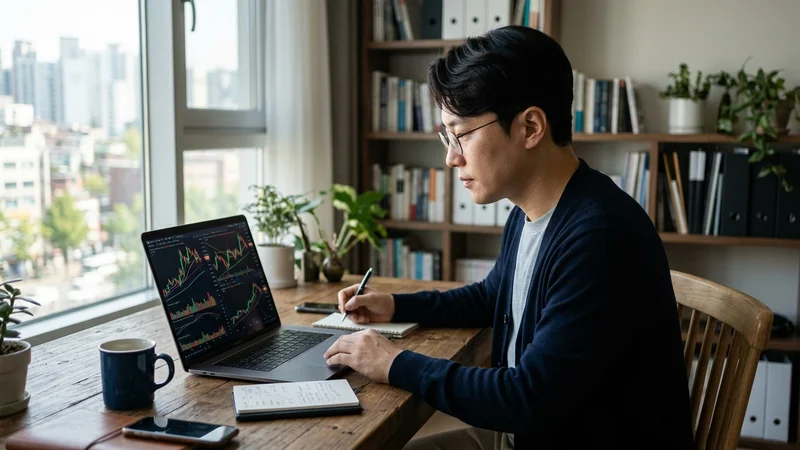 노트북으로 미국 주식 ETF 성과 차트를 분석하는 투자자