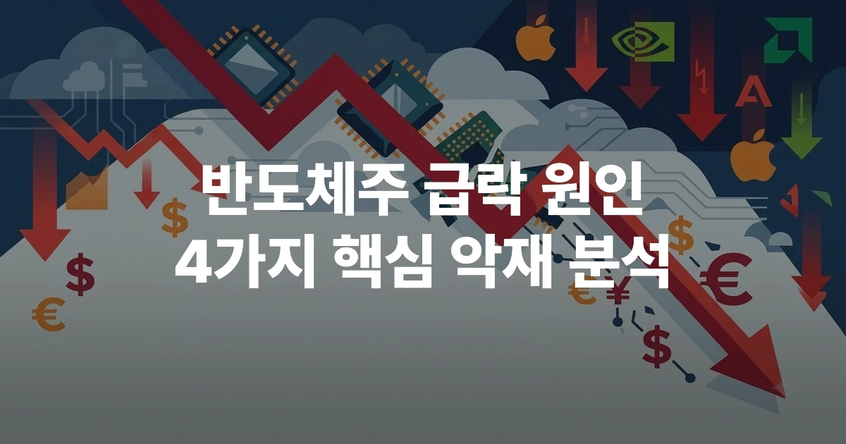 반도체주 급락 그래프와 실리콘 칩 및 통화 기호 일러스트