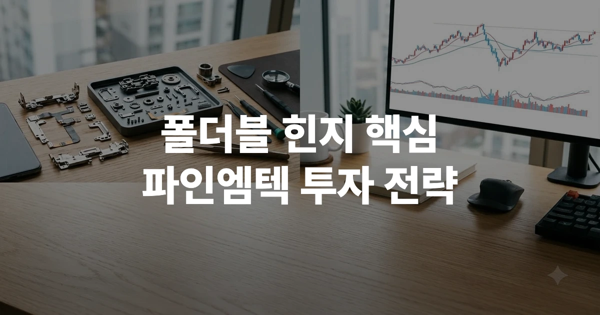 분해된 스마트폰 힌지 메커니즘이 주가 차트와 함께 엔지니어의 책상에 놓여 있는 모습