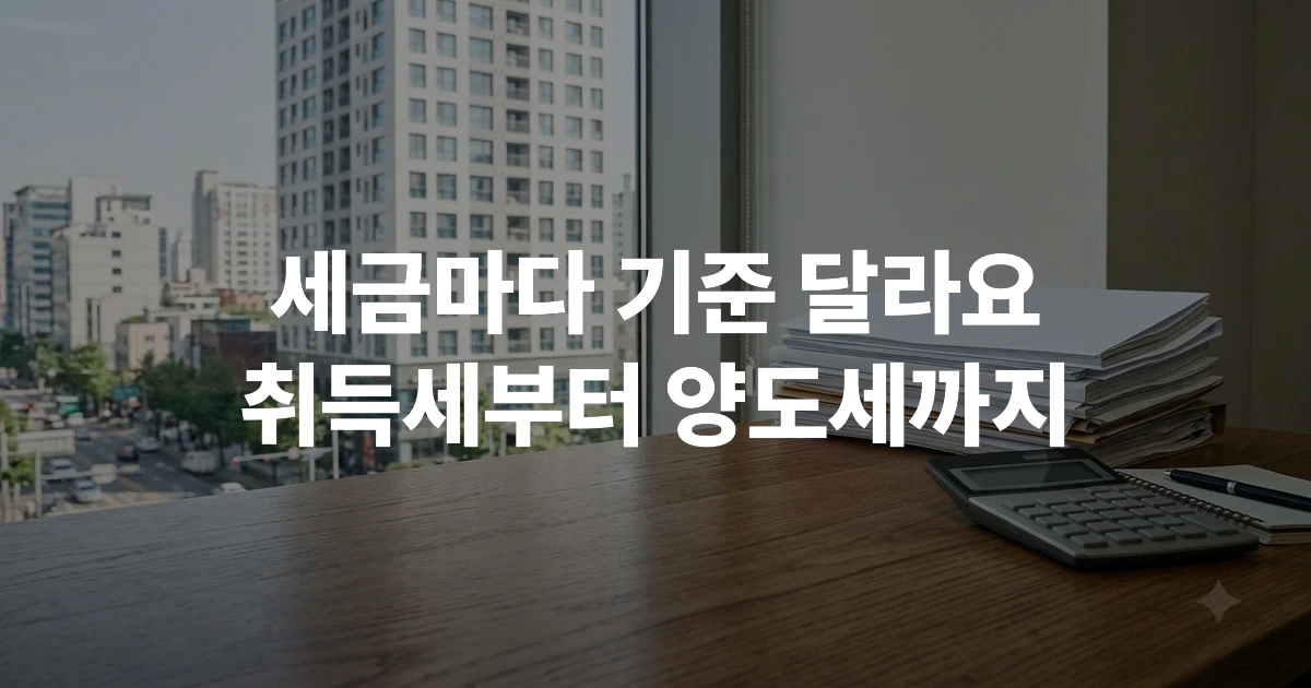 오피스텔 건물과 세금 서류, 주택 아이콘이 함께 놓인 그래픽
