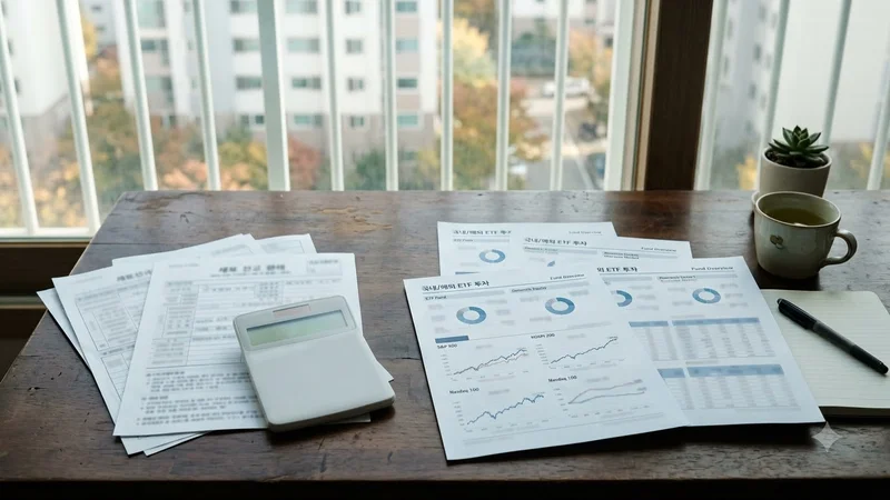 세금 서류와 계산기, 국내외 ETF 펀드 시트가 함께 놓인 모습