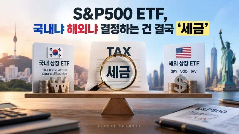 S&P500 ETF 선택 기준으로 세금 차이를 강조하며 국내와 해외 투자 환경을 비교하는 금융 이미지