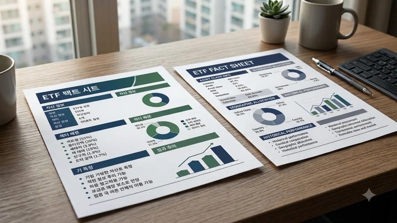 책상 위에 한글과 영문 표기된 ETF 팩트시트 두 장이 나란히 놓여있는 모습