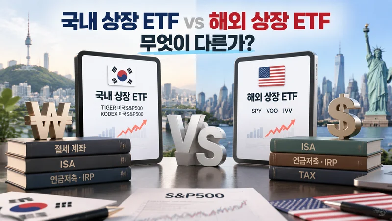 국내 상장 ETF와 해외 상장 ETF를 ISA·연금저축·IRP 등 절세 계좌와 함께 비교하는 금융 이미지