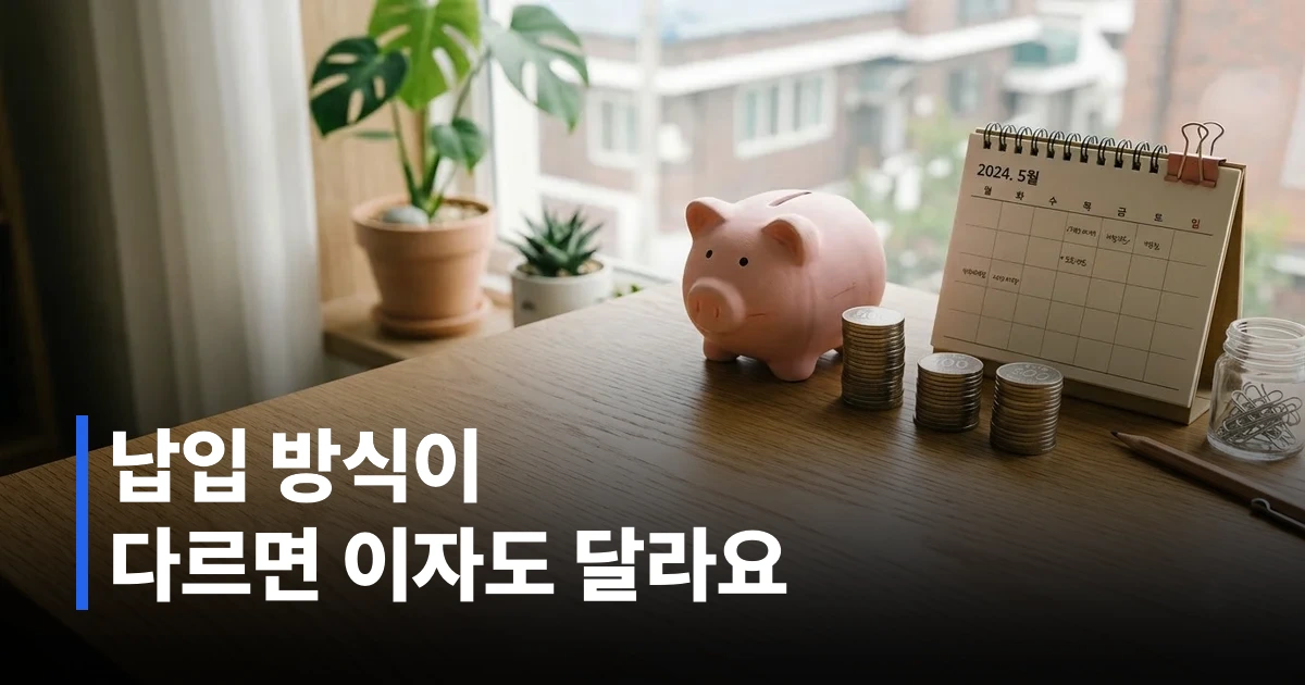정기적금과 자유적립식 적금의 납입 방식 차이를 보여주는 저금통 일러스트
