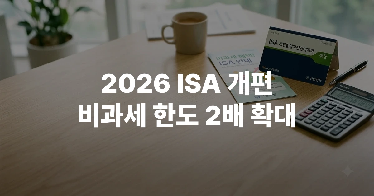 나무 책상 위에 놓인 ISA 통장, 은행 팜플렛, 계산기