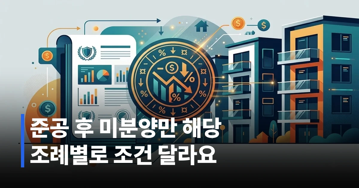 준공 후 미분양 아파트 단지와 취득세 감면 서류를 상징하는 일러스트