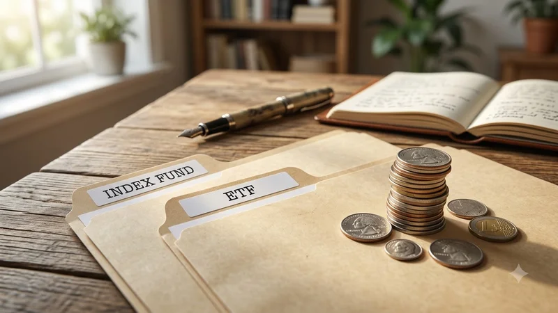 인덱스펀드와 ETF 라벨이 있는 폴더 옆에 쌓인 동전들