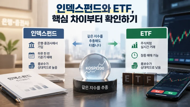 인덱스펀드와 ETF의 가입 방식과 실시간 매매 차이를 은행 기반 펀드와 주식형 ETF 화면으로 표현한 금융 이미지