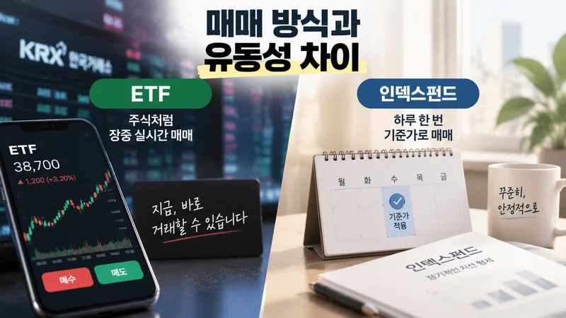 ETF의 실시간 거래와 인덱스펀드의 기준가 매매 및 유동성 차이를 비교하는 투자 방식 설명 이미지