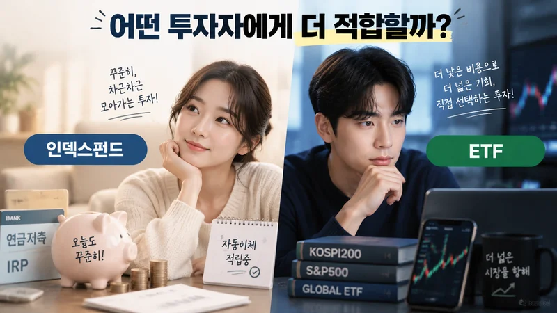 꾸준한 적립식 투자를 원하는 투자자와 직접 선택하며 운용하는 ETF 투자자를 비교한 맞춤형 투자 선택 이미지