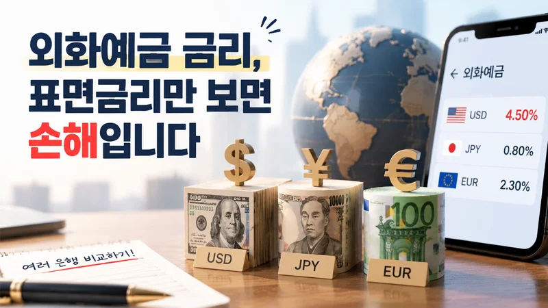 외화예금의 표면금리와 실제 수익 차이를 설명하는 달러·엔화·유로 및 금융 앱 이미지