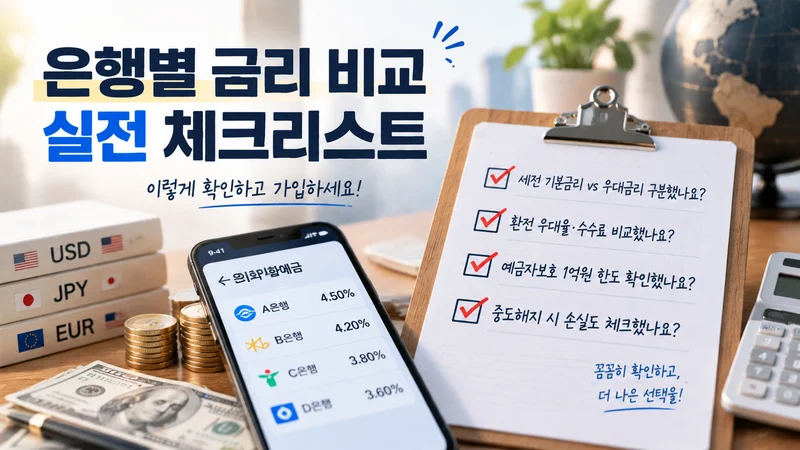 은행별 외화예금 금리 비교와 환전 비용, 보호 한도 확인을 위한 체크리스트 이미지
