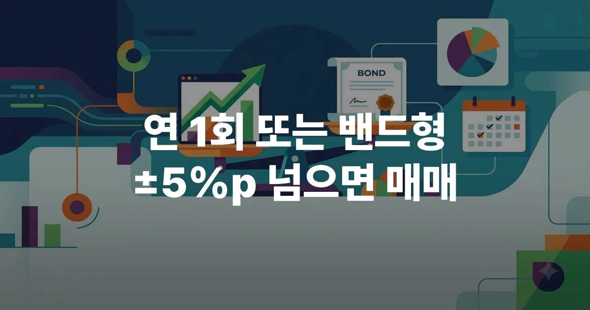 주식과 채권 아이콘의 균형을 맞추는 저울과 원형 차트로 표현한 ETF 리밸런싱 개념도