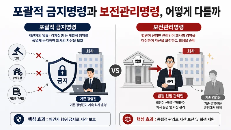 포괄적 금지명령은 채권자 강제집행을 막고, 보전관리명령은 법원 선임 관리인이 경영을 맡는 차이를 비교한 이미지