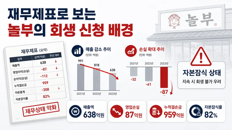 놀부의 매출 감소와 영업손실 확대, 누적결손금 959억원, 자본잠식률 82%를 보여주는 재무제표 이미지
