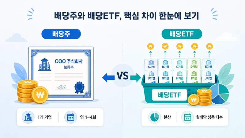 배당주와 배당ETF의 투자 대상, 분산 효과, 배당 주기를 비교한 이미지