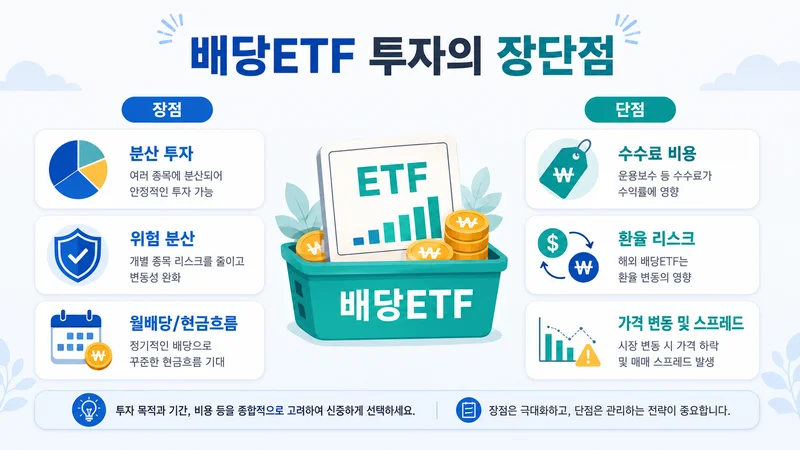 배당ETF의 분산 투자와 월배당 장점, 수수료와 환율 리스크 등 단점을 정리한 이미지
