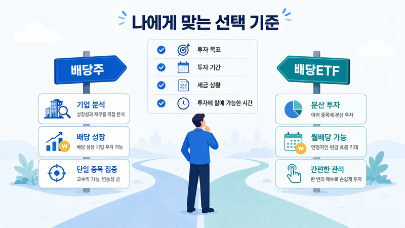 투자 목표와 기간, 세금, 관리 시간을 기준으로 배당주와 배당ETF를 선택하는 이미지