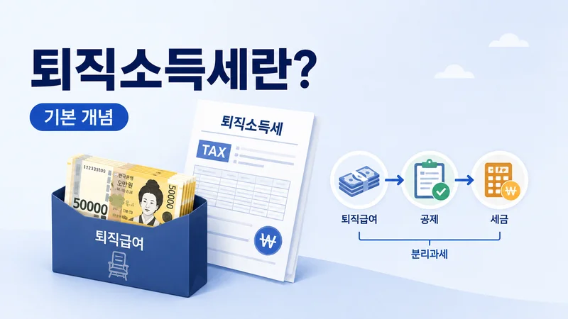 퇴직급여에서 공제를 적용해 퇴직소득세를 계산하는 기본 개념을 설명한 인포그래픽