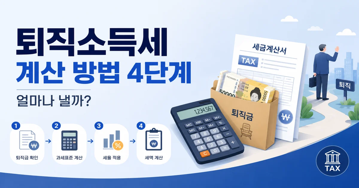 퇴직소득세 계산 방법 4단계와 퇴직금 세금 계산 과정을 보여주는 인포그래픽