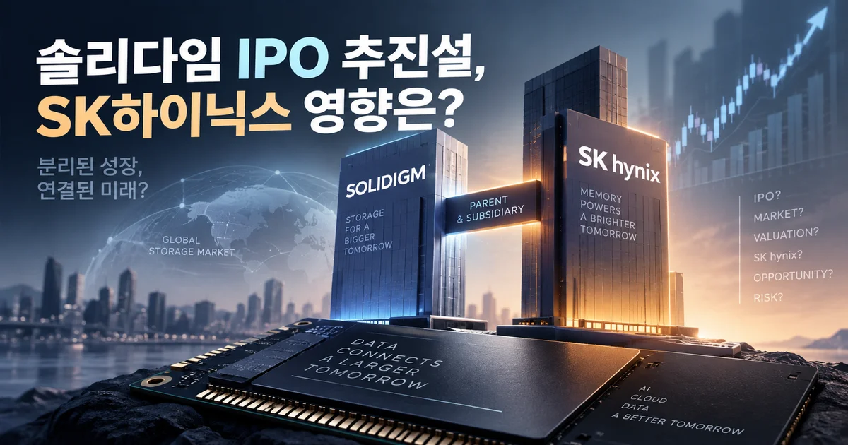 솔리다임 IPO 추진설과 SK하이닉스에 미칠 영향을 반도체와 주가 그래프로 표현한 이미지