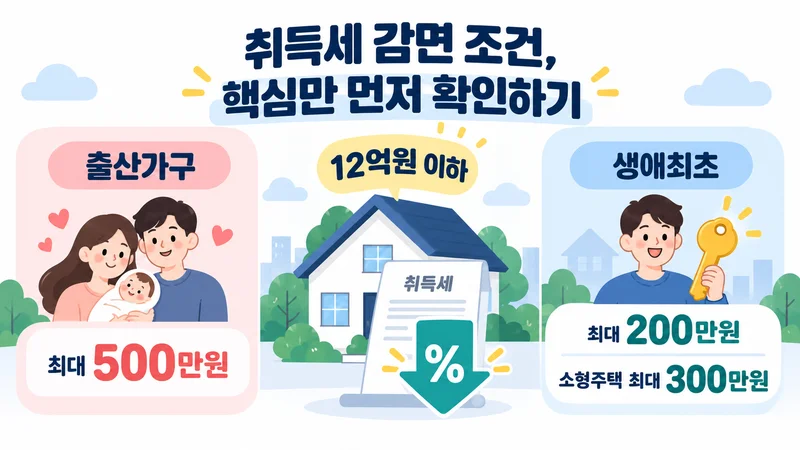 12억원 이하 주택의 출산가구 최대 500만원, 생애최초 최대 200만원 취득세 감면 조건