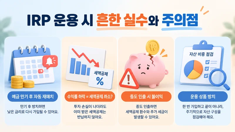 IRP 운용 시 예금 만기, 투자 손실, 중도인출, 자산 점검 주의사항 이미지