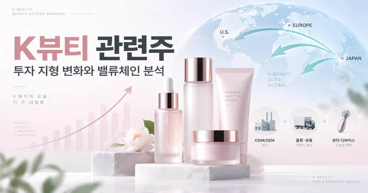 K뷰티 관련주 투자 지형 변화와 밸류체인별 성장 구조를 표현한 글로벌 화장품 산업 이미지