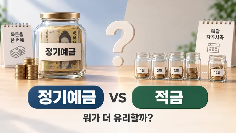 정기예금은 목돈을 한 번에 넣고 적금은 매달 돈을 나눠 넣는 차이를 비교한 이미지