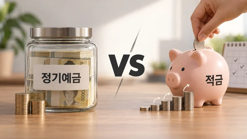 정기예금과 적금을 비교한 이미지로, 예금은 목돈이 담긴 유리병으로 적금은 동전을 넣는 저금통으로 표현한 모습