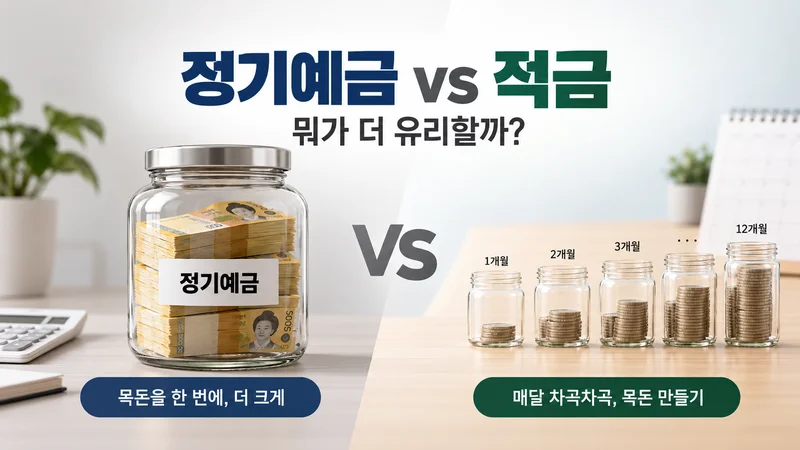정기예금은 목돈을 한 번에 예치하고 적금은 매달 차곡차곡 저축하는 방식을 비교한 이미지