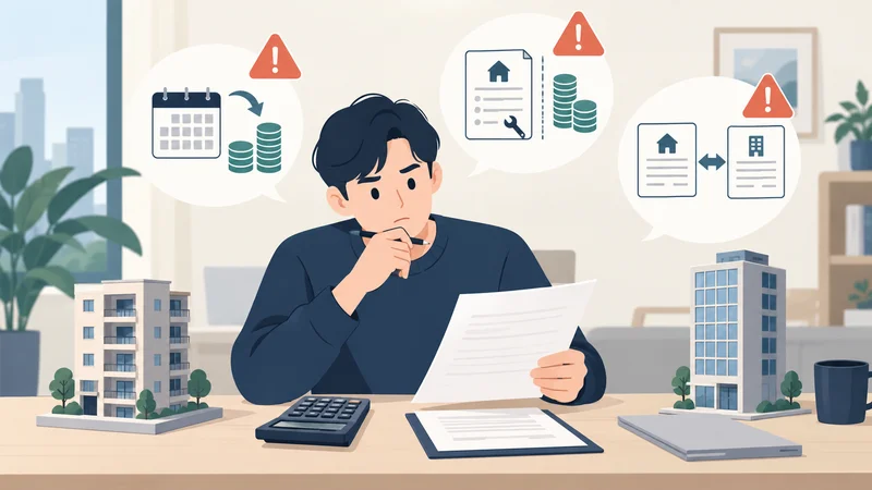 임대차계약서의 경고 조항 옆에 놓인 스튜디오 아파트 평면도