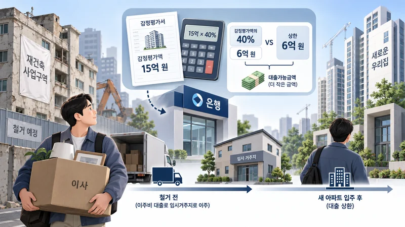 재건축·재개발 구역에서 조합원이 이주를 위해 대출을 받고 감정평가액의 40%와 6억원 한도를 비교하는 과정을 보여주는 일러스트