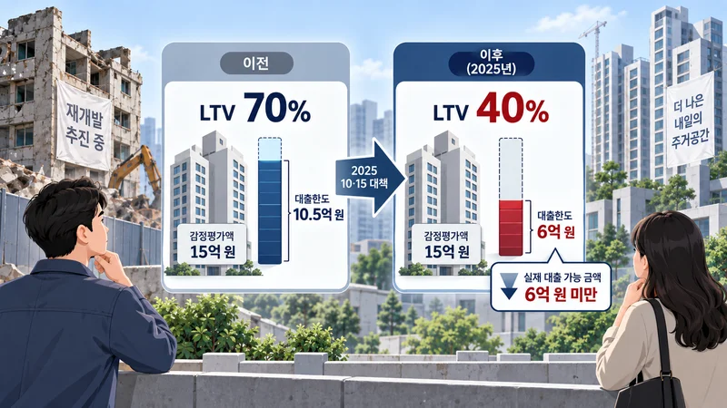 2025년 정책 변화로 이주비 대출 LTV가 70%에서 40%로 낮아져 대출 가능 금액이 줄어드는 상황을 비교한 인포그래픽