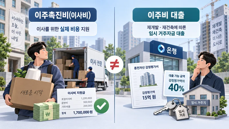 이주촉진비(이사비)와 이주비 대출의 차이를 이사 비용 지원과 임시 거주자금 대출로 나누어 보여주는 비교 일러스트