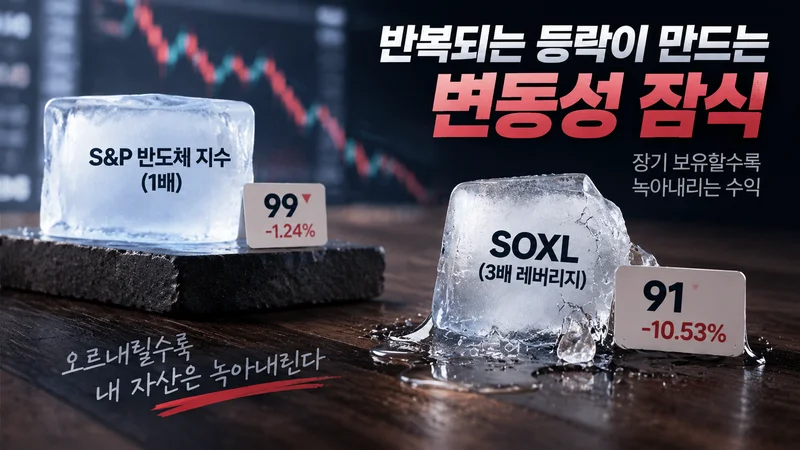 변동성 잠식으로 장기 보유 시 레버리지 자산 가치가 감소하는 모습을 얼음이 녹는 장면으로 표현한 이미지