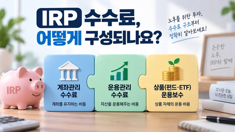 IRP 수수료가 계좌관리수수료, 운용관리수수료, 펀드·ETF 운용보수의 세 가지 비용으로 구성됨을 보여주는 이미지